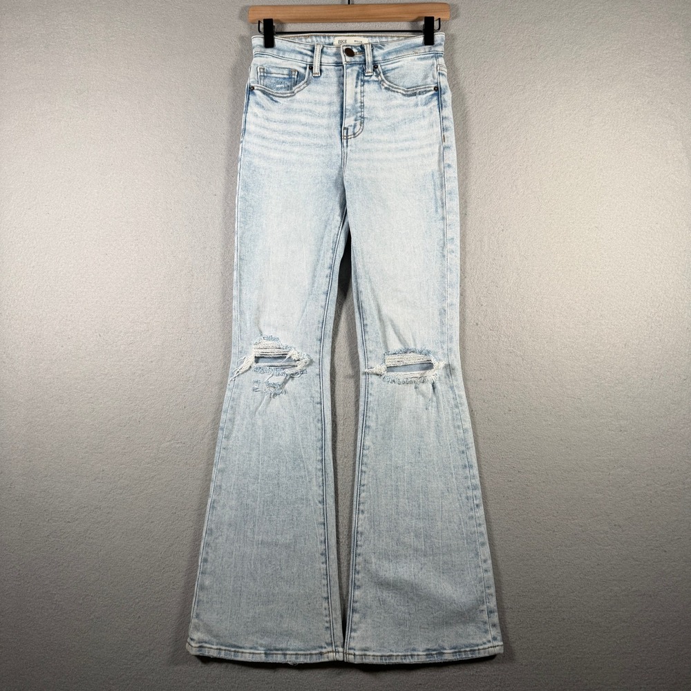 BKE Billie High Rise Flare Jeans Light Wash Distressed Ripped Knee 24x32